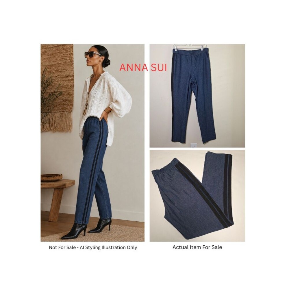 Anna Sui Trouser Pant Women 10 Blue Chambray Black Side Stripe Pull On Casual